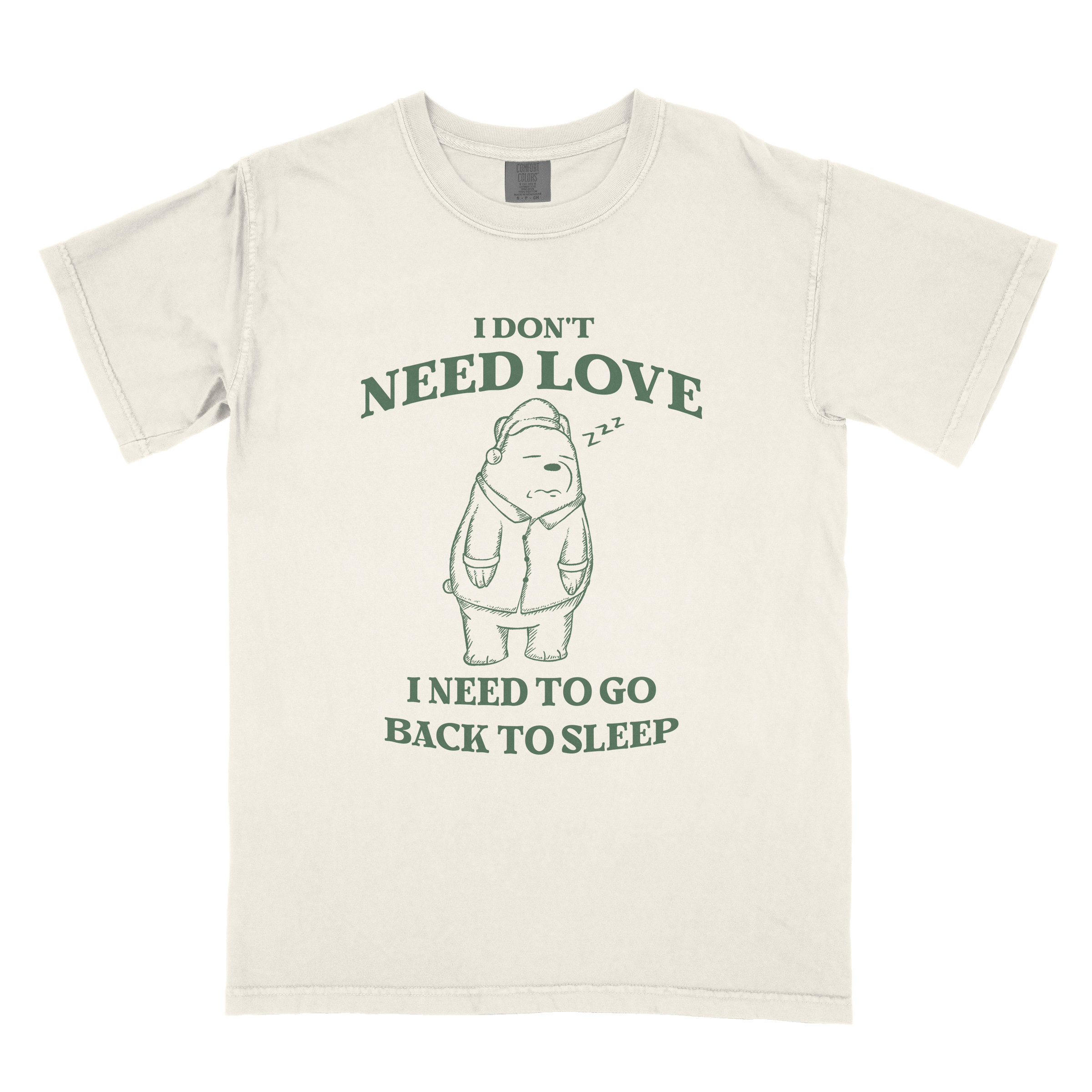 Detail view of "I Don't Need Love" graphic on t-shirt.